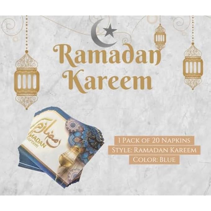 1 PACK OF RAMADAN KAREEM PAPER NAPKINS 20PCS, GOLDEN PURPLE BLUE FESTIVE HOLY MONTH TABLEWARE DISPOSABLE TISSUES FOR IFTAR PARTY TABLE SETTING DECORATION EVENT DINNER (BLUE) - Image 4